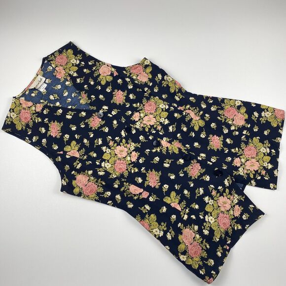 Jessica Scott VTG Floral Button Up Fitted Vest Tie Back Womens Small 90s Blue - Picture 1 of 12